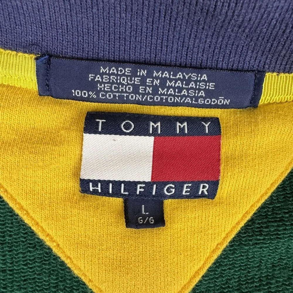 Vintage 90's‎ Tommy Hilfiger Quarter Zip Jacket Large Green Big Patch Logo Y2k